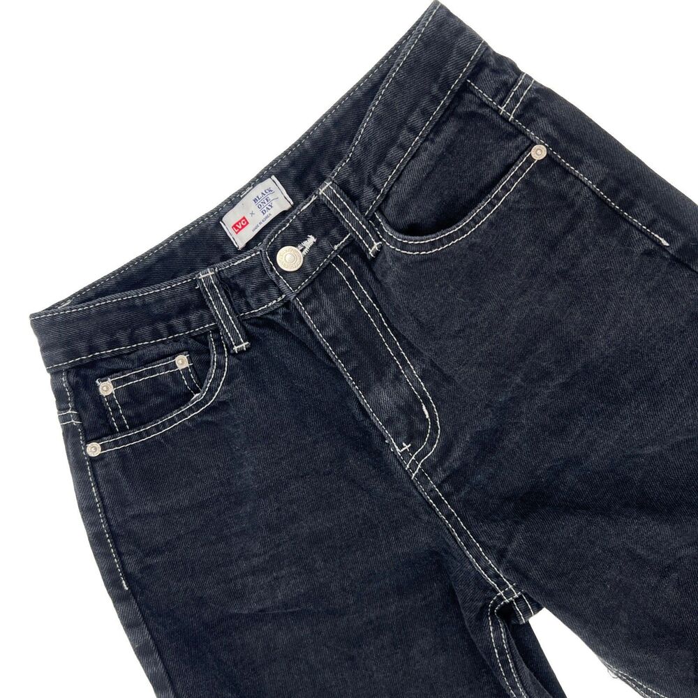 LVC x Black One Day Korean Streetwear Black Wide Jeans Contrast Stitch M (27-28)